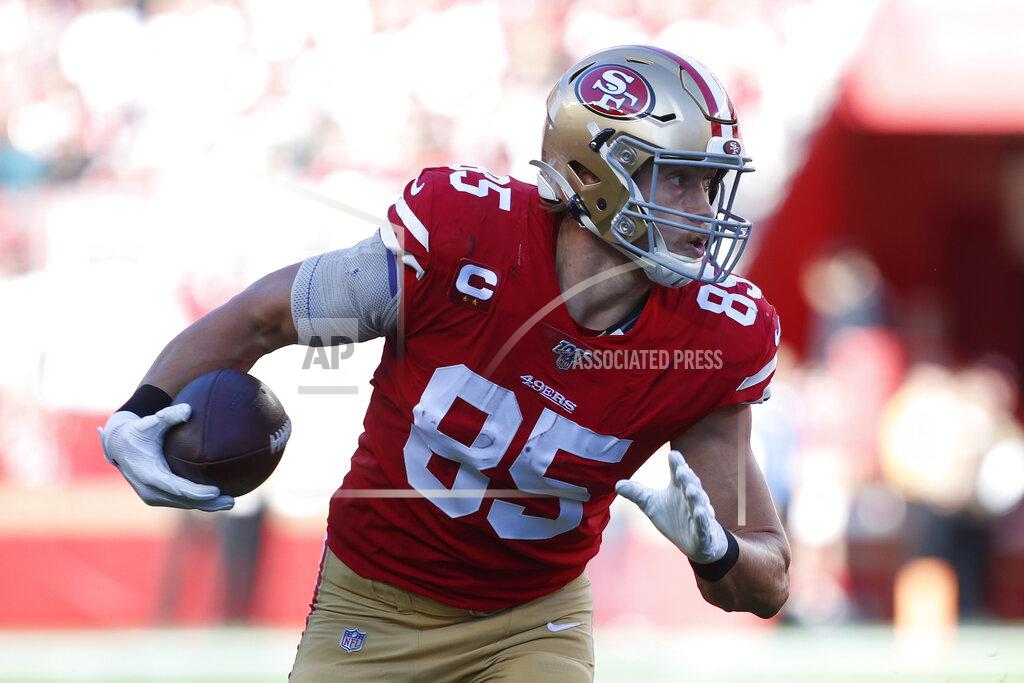 Josie Lepe San Francisco 49ers tight end George Kittle (85) runs against the Atlanta Falcons during the first half of an NFL football game in Santa Clara, Calif., Sunday, Dec. 15, 2019. (AP Photo/Josie Lepe)