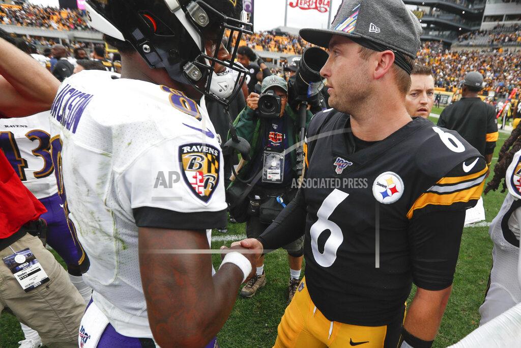 Don Wright Pittsburgh Steelers quarterback Devlin Hodges (6) and Baltimore Ravens quarterback Lamar Jackson (8) meet after overtime of an NFL football game, Sunday, Oct. 6, 2019, in Pittsburgh. The Ravens won 26-23. (AP Photo/Don Wright)