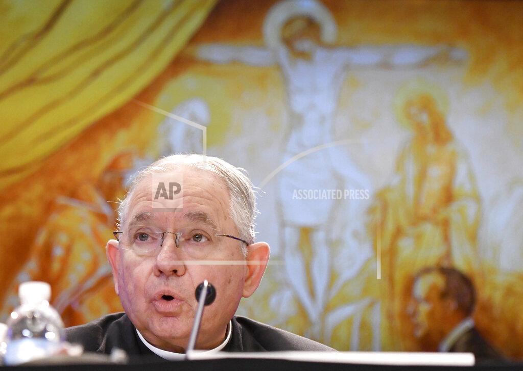 Steve Ruark FILE - In this Tuesday, Nov. 12, 2019, file photo, Archbishop Jose H. Gomez, of Los Angeles, speaks during a news conference after being elected as president of the United States Conference of Catholic Bishops during their Fall General Assembly in Baltimore. On Tuesday, Nov. 17, 2020, Gomez addressed an online national meeting of bishops. During the previous week, Gomez congratulated Joe Biden on his presidential election victory. Now, Gomez is sounding a different tone, saying some of Biden’s policy positions, including support for abortion rights, pose a “difficult and complex situation” for the church. (AP Photo/Steve Ruark, File)