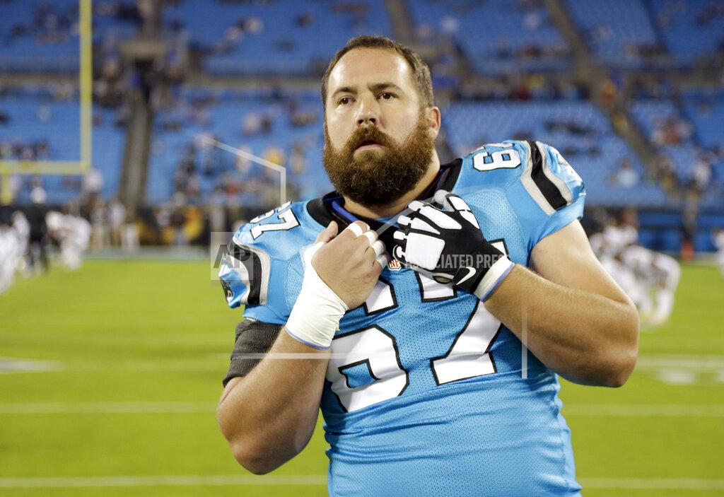 Bob Leverone FILE - In this Thursday, Nov. 17, 2016 file photo, Carolina Panthers' Ryan Kalil (67) stretches before an NFL football game against the New Orleans Saints in Charlotte, N.C. Ryan Kalil has had one whirlwind of a month. From retirement to a new team in a new city with new teammates and coaches in just four weeks. And, now, the New York Jets center is nearly ready to play again. “I feel like I'm getting my legs back,” Kalil said Tuesday, Aug. 27, 2019. (AP Photo/Bob Leverone, File)