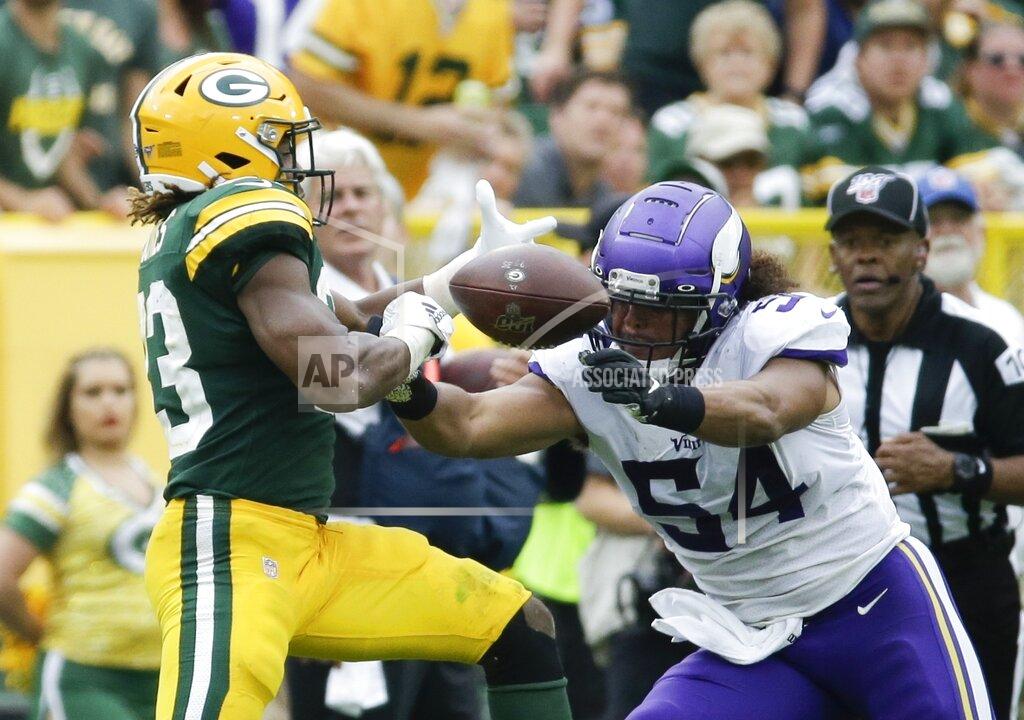 Mike Roemer Minnesota Vikings' Eric Kendricks breaks up a pass intended for Green Bay Packers' Aaron Jones during the second half of an NFL football game Sunday, Sept. 15, 2019, in Green Bay, Wis. The Packers won 21-16. (AP Photo/Mike Roemer)