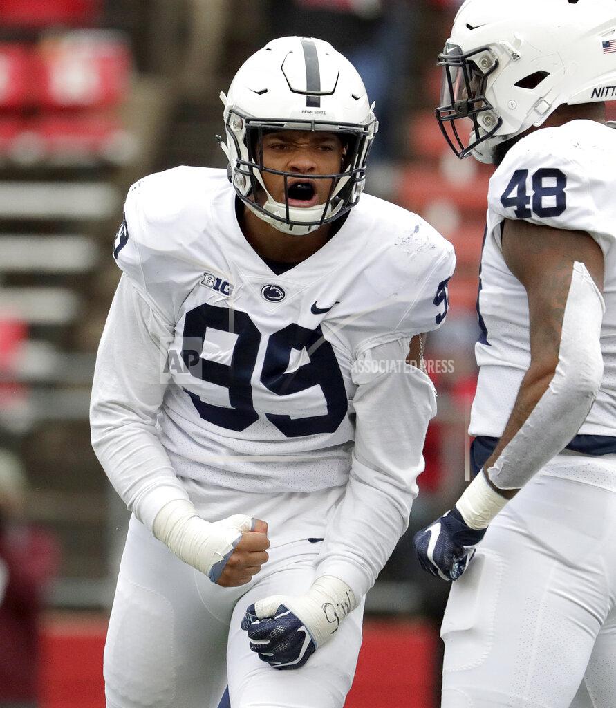 Julio Cortez Penn State defensive end Yetur Gross-Matos (99) reacts after stopping a run by Rutgers running back Raheem Blackshear during the first half of an NCAA college football game, Saturday, Nov. 17, 2018, in Piscataway, N.J. (AP Photo/Julio Cortez)