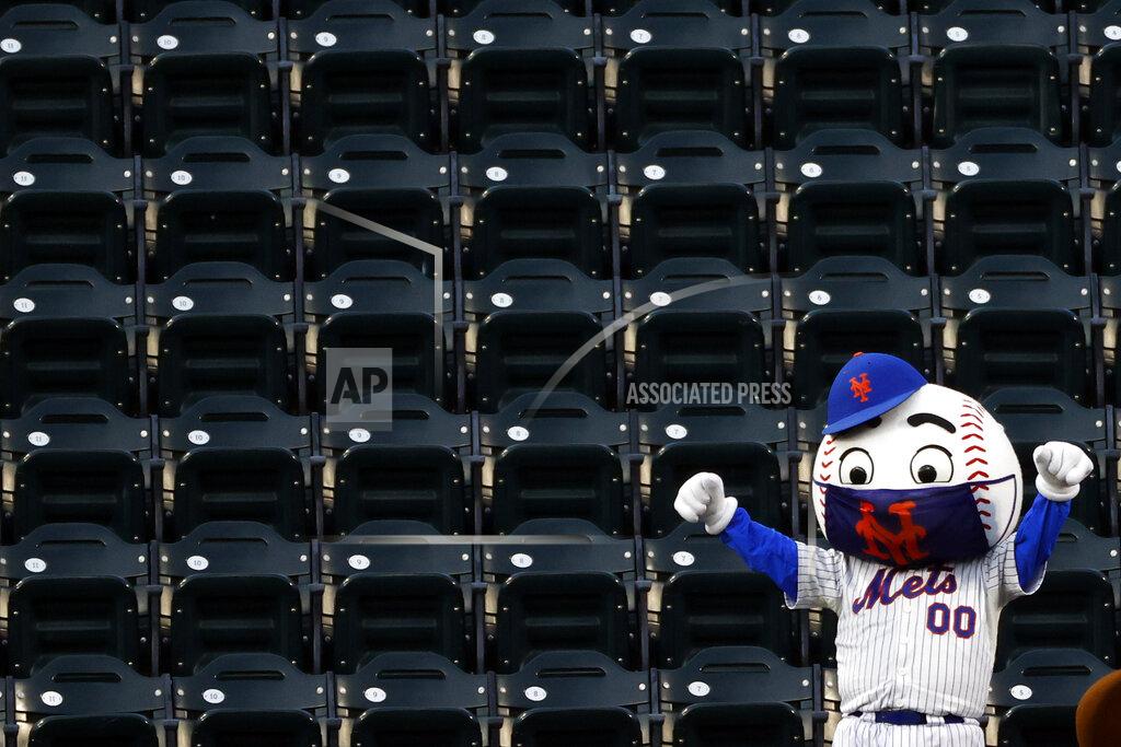 Adam Hunger A New York Mets mascot dances in the stands during a break in play in a baseball game between the Atlanta Braves and the Mets on Sunday, July 26, 2020, in New York. (AP Photo/Adam Hunger)