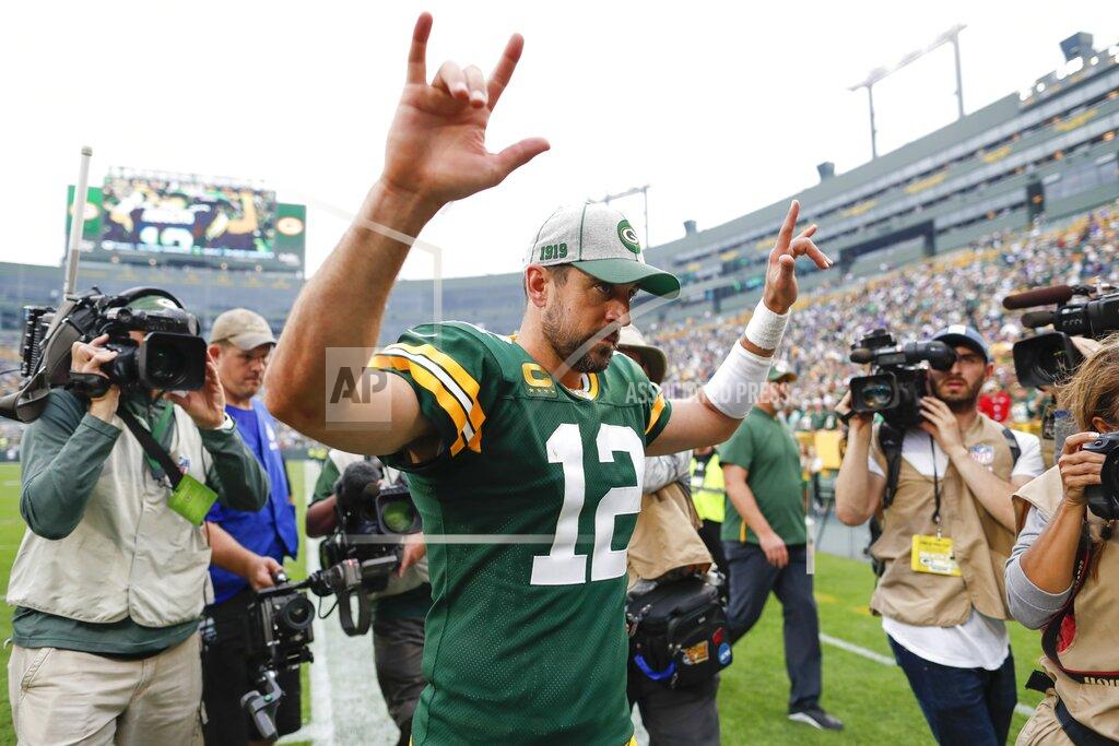 Matt Ludtke Green Bay Packers' Aaron Rodgers celebrates after an NFL football game against the Minnesota Vikings Sunday, Sept. 15, 2019, in Green Bay, Wis. The Packers won 21-16. (AP Photo/Matt Ludtke)
