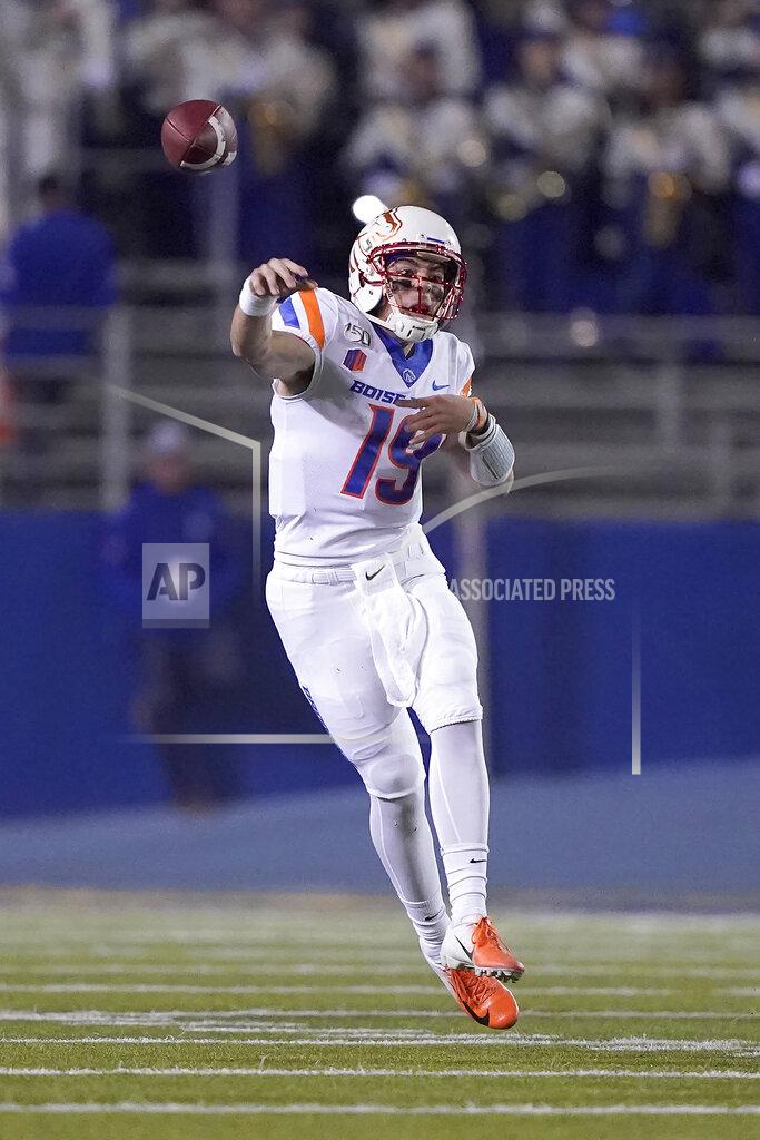 Tony Avelar Boise State quarterback Hank Bachmeier (19) throws against San Jose State during the first half of an NCAA college football game, in San Jose, Calif., Saturday, Nov. 2, 2019. (AP Photo/Tony Avelar)