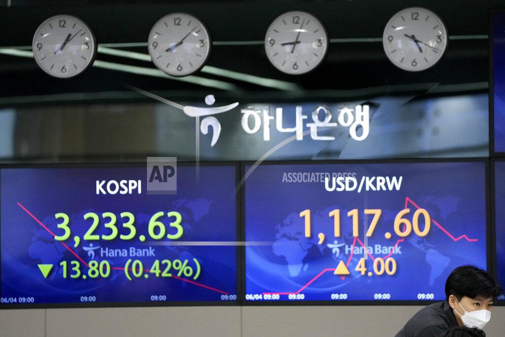 Lee Jin-Man A currency trader watches computer monitors near the screens showing the Korea Composite Stock Price Index (KOSPI), left, and the foreign exchange rate between U.S. dollar and South Korean won at the foreign exchange dealing room in Seoul, South Korea, Friday, June 4, 2021. Asian shares mostly slipped Friday, dragged lower by a decline in technology stocks on Wall Street. (AP Photo/Lee Jin-man)