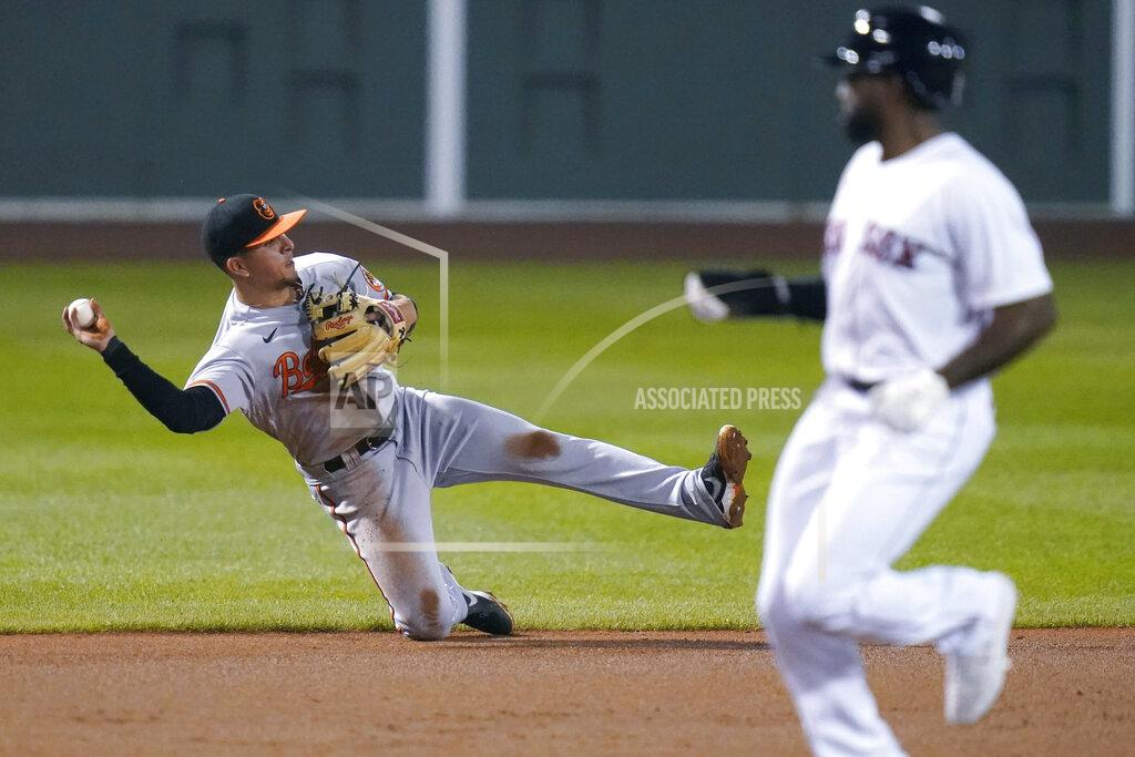 Charles Krupa Baltimore Orioles shortstop Ramon Urias, left, throws for the out after fielding a grounder by Boston Red Sox's Michael Chavis during the seventh inning of a baseball game in Boston, Wednesday, Sept. 23, 2020, at Fenway Park. Advancing to third is Jackie Bradley Jr. (AP Photo/Charles Krupa)