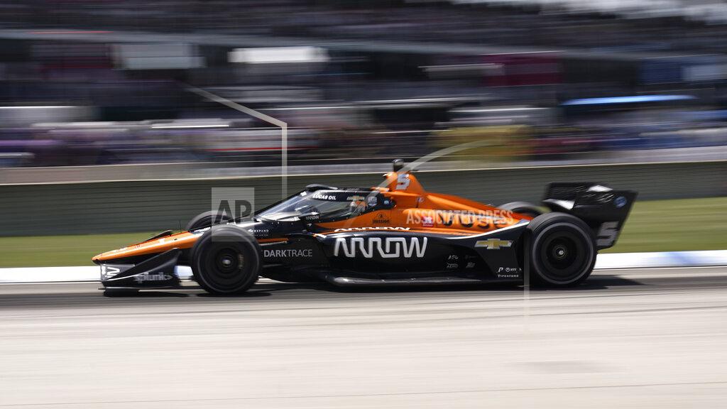 Paul Sancya Pato O'Ward (5) competes during the second race of the IndyCar Detroit Grand Prix auto racing doubleheader on Belle Isle in Detroit, Sunday, June 13, 2021. (AP Photo/Paul Sancya)