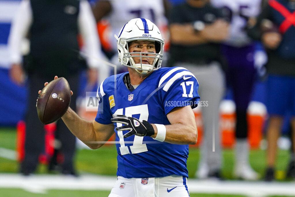 Darron Cummings Indianapolis Colts quarterback Philip Rivers (17) throws against the Baltimore Ravens in the first half of an NFL football game in Indianapolis, Sunday, Nov. 8, 2020. (AP Photo/Darron Cummings)