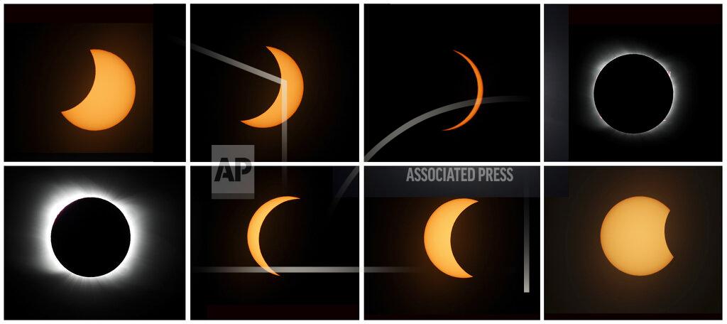 Natacha Pisarenko This photo combo shows the sequence of a total solar eclipse seen from Piedra del Aguila, Argentina, Monday, Dec. 14, 2020. The total solar eclipse was visible from the northern Patagonia region of Argentina and from Araucania in Chile, and as a partial eclipse from the lower two-thirds of South America. (AP Photo/Natacha Pisarenko)