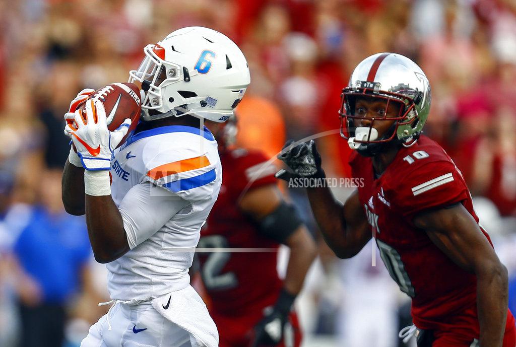 Butch Dill Boise State wide receiver CT Thomas (6) catches a pass over the top of Troy safety Will Sunderland (10) for a touchdown during the first half of an NCAA college football game, Saturday, Sept. 1, 2018, in Troy, Ala. (AP Photo/Butch Dill)