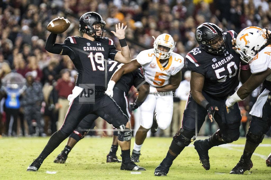 Sean Rayford South Carolina quarterback Jake Bentley (19) attempts a pass against Tennessee during the first half of an NCAA college football game Saturday, Oct. 27, 2018, in Columbia, S.C. South Carolina defeated Tennessee 27-24. (AP Photo/Sean Rayford)