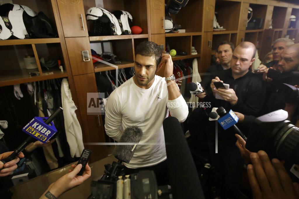 Jeff Chiu San Francisco 49ers quarterback Jimmy Garoppolo speaks to reporters at the team's NFL football training facility in Santa Clara, Calif., Wednesday, Feb. 5, 2020. (AP Photo/Jeff Chiu)