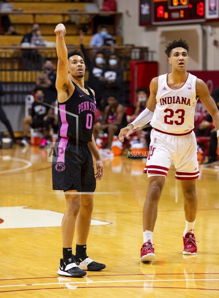 Doug Mcschooler Penn State guard Myreon Jones (0) reacts as he scores a three-point basket during the first half of an NCAA college basketball game against Indiana, Wednesday, Dec. 30, 2020, in Bloomington, Ind. (AP Photo/Doug McSchooler)