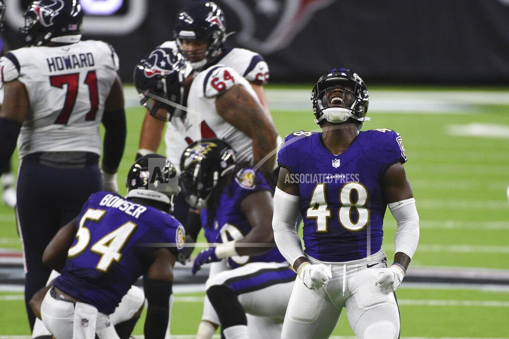 Eric Christian Smith Baltimore Ravens linebacker Patrick Queen (48) celebrates after sacking Houston Texans quarterback Deshaun Watson during the first half of an NFL football game Sunday, Sept. 20, 2020, in Houston. (AP Photo/Eric Christian Smith)