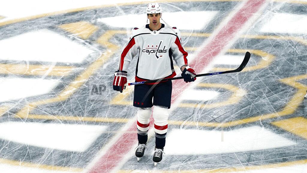Charles Krupa Washington Capitals defenseman Zdeno Chara, skates across the Boston Bruins' logo during a pre-game warm up prior to the first period of an NHL hockey game against his former team, Wednesday, March 3, 2021, in Boston. Chara played for the Bruins from 2006 through the 2020 season. (AP Photo/Charles Krupa)