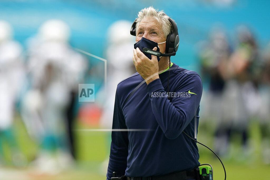 Wilfredo Lee Seattle Seahawks head coach Pete Carroll looks up during the first half of an NFL football game against the Miami Dolphins, Sunday, Oct. 4, 2020, in Miami Gardens, Fla. (AP Photo/Wilfredo Lee)