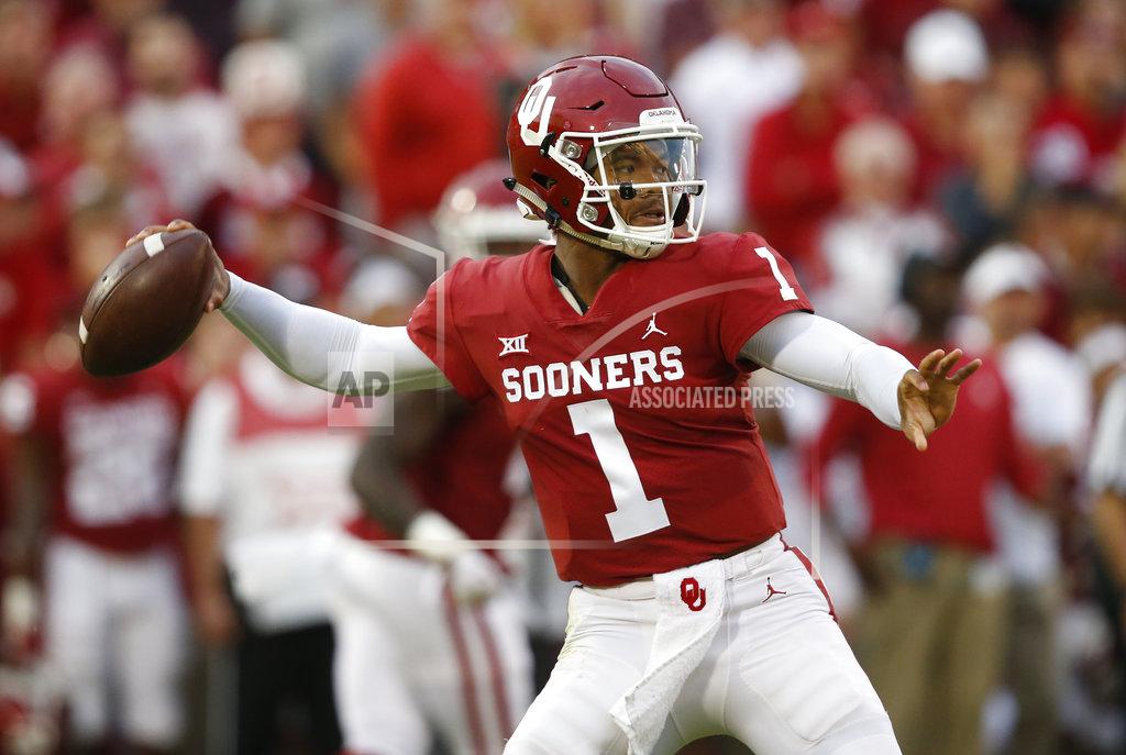 Sue Ogrocki FILE - In this Sept. 22, 2018, file photo, Oklahoma quarterback Kyler Murray (1) throws in the first half of an NCAA college football game against Army, in Norman, Okla. Murray was named to the 2018 AP All-America NCAA college football team, Monday, Dec. 10, 2018. (AP Photo/Sue Ogrocki, File)