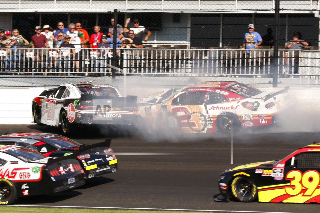 Bud Cunningham NASCAR Xfinity Series drivers Christopher Bell and Tyler Reddick crash during the NASCAR Xfinity auto race at the Indianapolis Motor Speedway, Saturday, Sept. 7, 2019 in Indianapolis. (AP Photo/Bud Cunningham)