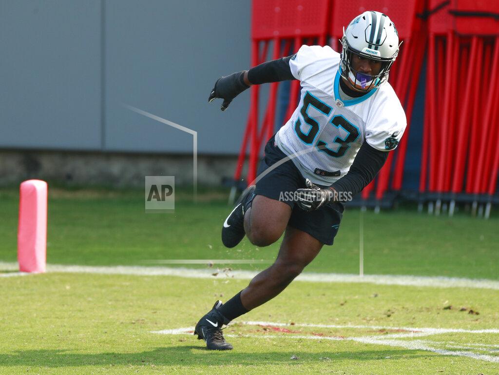 Jason E. Miczek Carolina Panthers NFL football defensive rookie Brian Burns runs through drills during practice Monday, June 3, 2019, in Charlotte, N.C. (AP Photo/Jason E. Miczek)