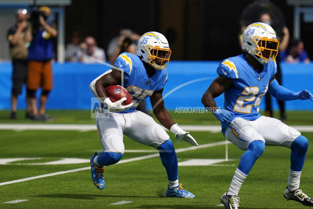 Gregory Bull Los Angeles Chargers running back Larry Rountree III carries during the first half of an NFL football game against the Cleveland Browns Sunday, Oct. 10, 2021, in Inglewood, Calif. (AP Photo/Gregory Bull)