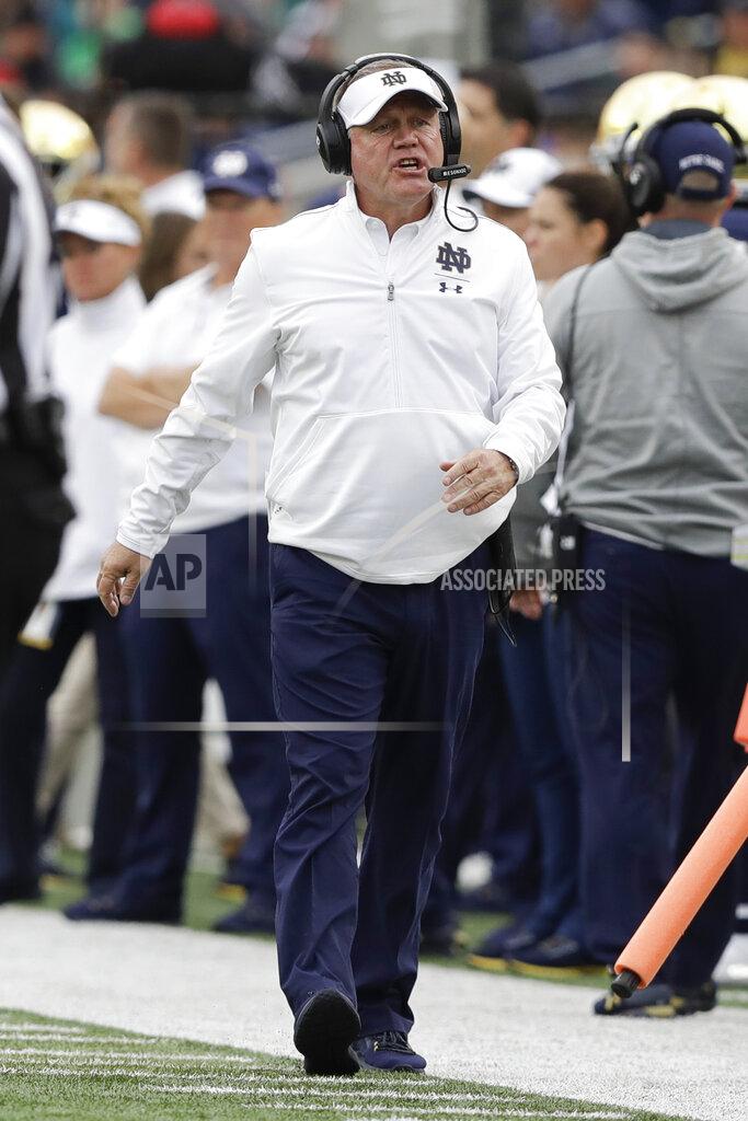 Darron Cummings Notre Dame head coach Brian Kelly watches during the second half of an NCAA college football game against Bowling Green, Saturday, Oct. 5, 2019, in South Bend, Ind. Notre Dame won 52-0. (AP Photo/Darron Cummings)