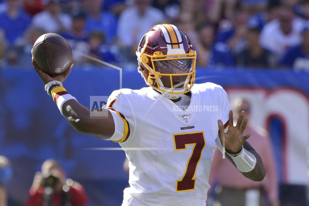 Bill Kostroun Washington Redskins quarterback Dwayne Haskins throws during the second half of an NFL football game against the New York Giants, Sunday, Sept. 29, 2019, in East Rutherford, N.J. (AP Photo/Bill Kostroun)