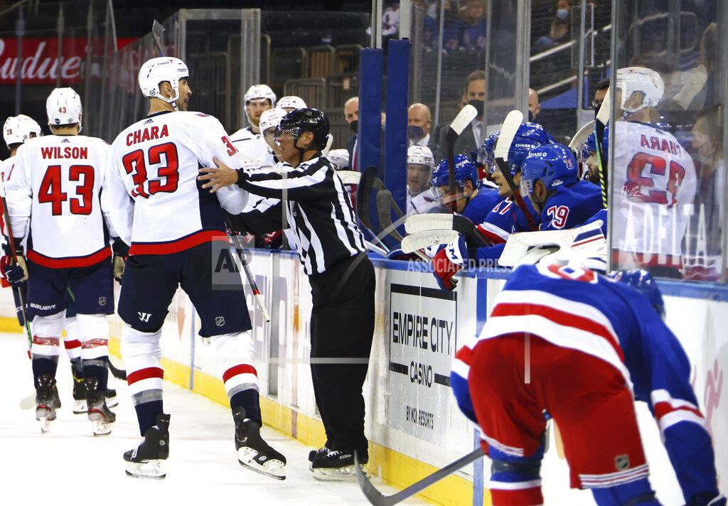 Bruce Bennett Washington Capitals' Zdeno Chara (33) talks to the New York Rangers' bench during the first period of an NHL hockey game Wednesday, May 5, 2021, in New York. (Bruce Bennett/Pool Photo via AP)
