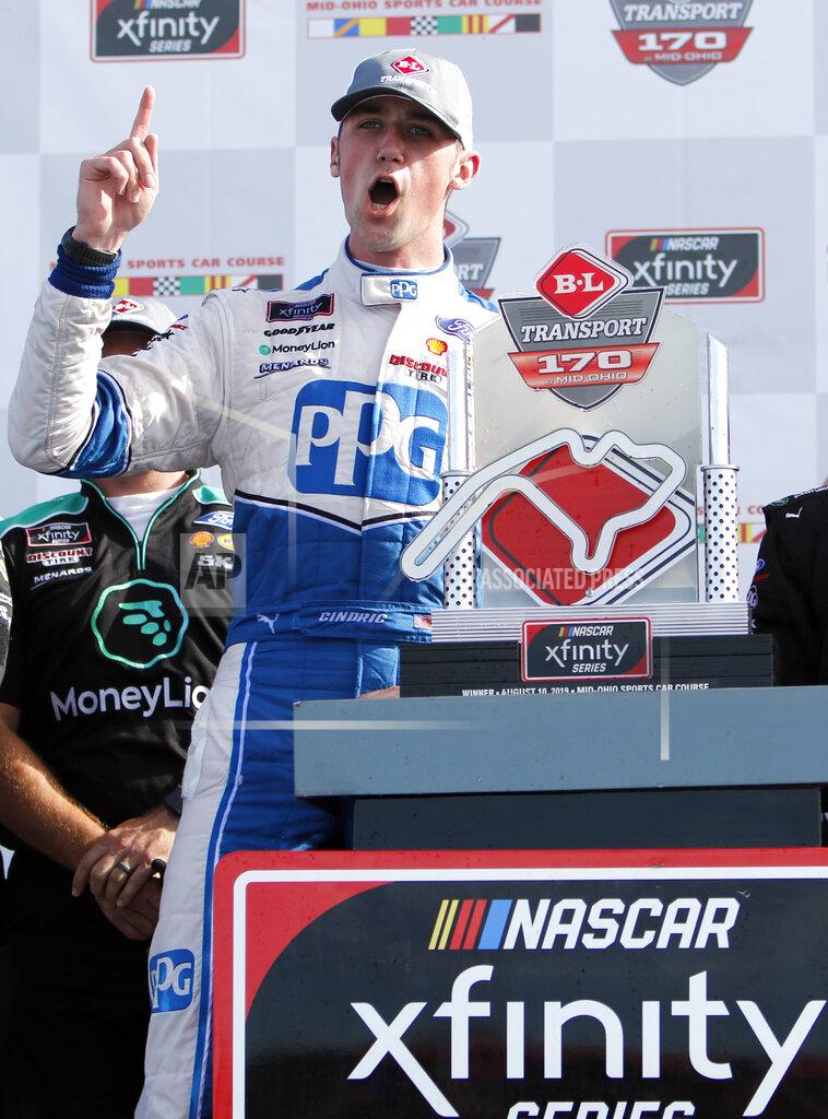 Tom E. Puskar Austin Cindric celebrates winning the NASCAR Xfinity Series auto race, Saturday, Aug. 10, 2019, at Mid-Ohio Sports Car Course in Lexington, Ohio. (AP Photo/Tom E. Puskar)