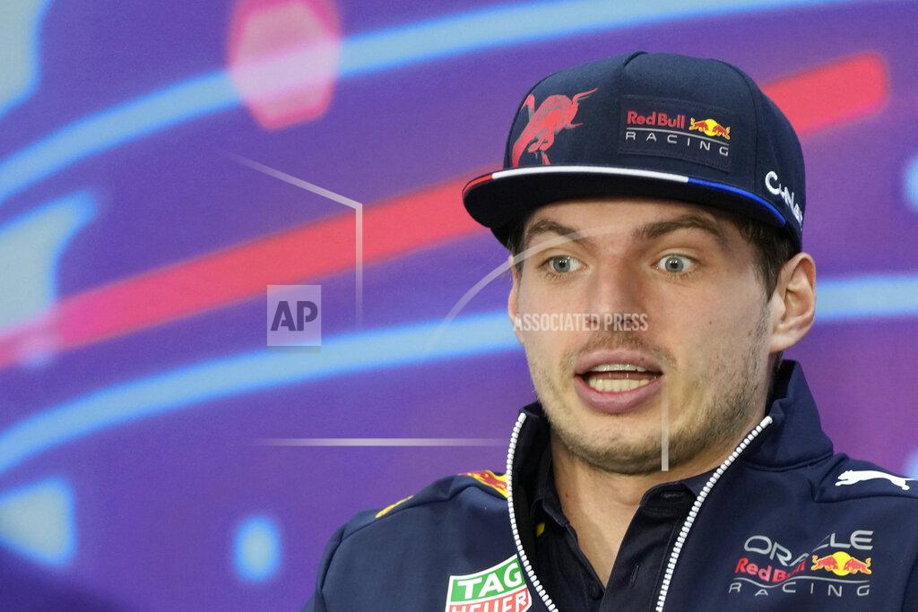 Hassan Ammar Red Bull driver Max Verstappen of the Netherlands speaks ahead of a press conference at the Formula One Bahrain International Circuit in Sakhir, Bahrain, Friday, March 18, 2022. The Bahrain Formula One Grand Prix will take place here on Sunday. (AP Photo/Hassan Ammar)