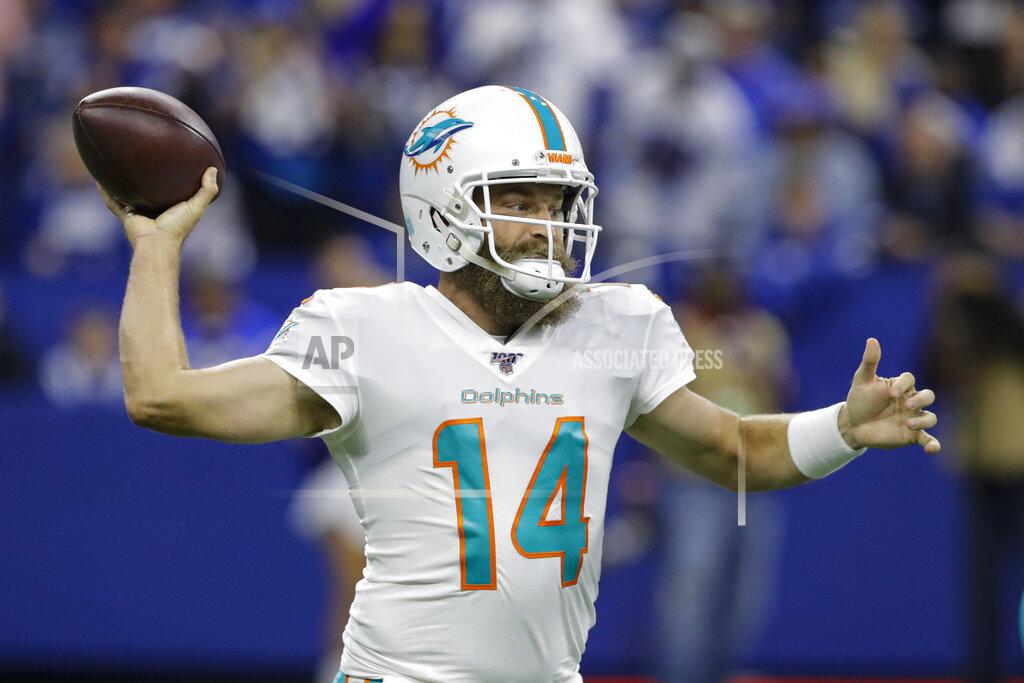 Darron Cummings Miami Dolphins quarterback Ryan Fitzpatrick (14) throws against the Indianapolis Colts during the first half of an NFL football game in Indianapolis, Sunday, Nov. 10, 2019. (AP Photo/Darron Cummings)