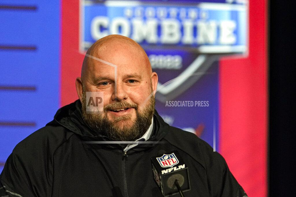 FILE - New York Giants head coach Brian Daboll speaks during a press conference at the NFL football scouting combine in Indianapolis, on March 1, 2022. During the sixth annual NFL Women's Forum on Monday, coaches and general managers from the 32 teams were asked to spend one hour participating. Some stayed several hours longer, with Brian Daboll, recently hired as head coach of the Giants, stressing he wanted to learn more about the program. (AP Photo/Michael Conroy, File)