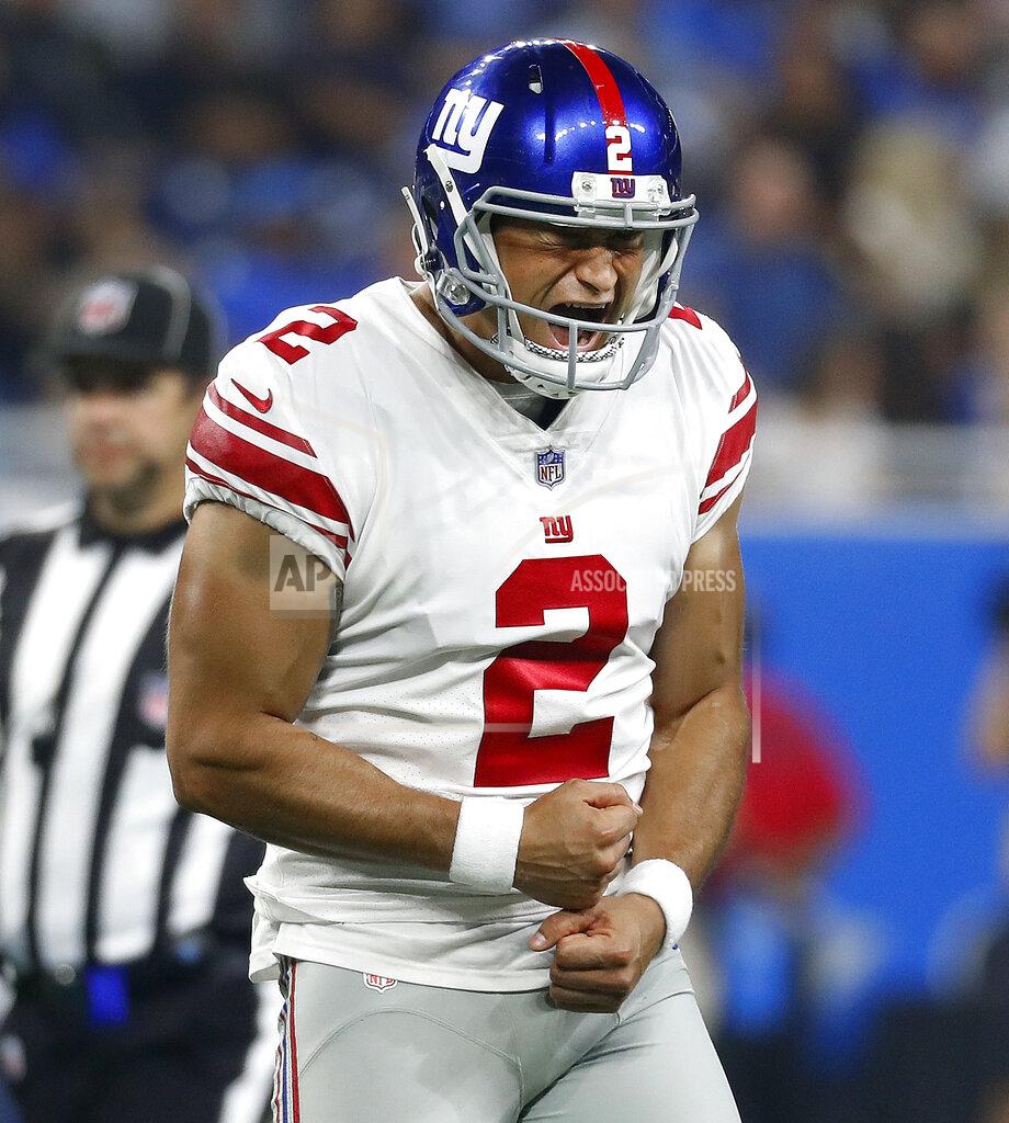 Paul Sancya FILE - In this Aug. 17, 2018, file photo, New York Giants kicker Aldrick Rosas reacts after kicking a 55-yard field goal during the first half of a preseason NFL football game against the Detroit Lions in Detroit. The York Giants have re-signed the Pro Bowl placekicker, the team announced Thursday, March 7, 2019. (AP Photo/Paul Sancya, File)