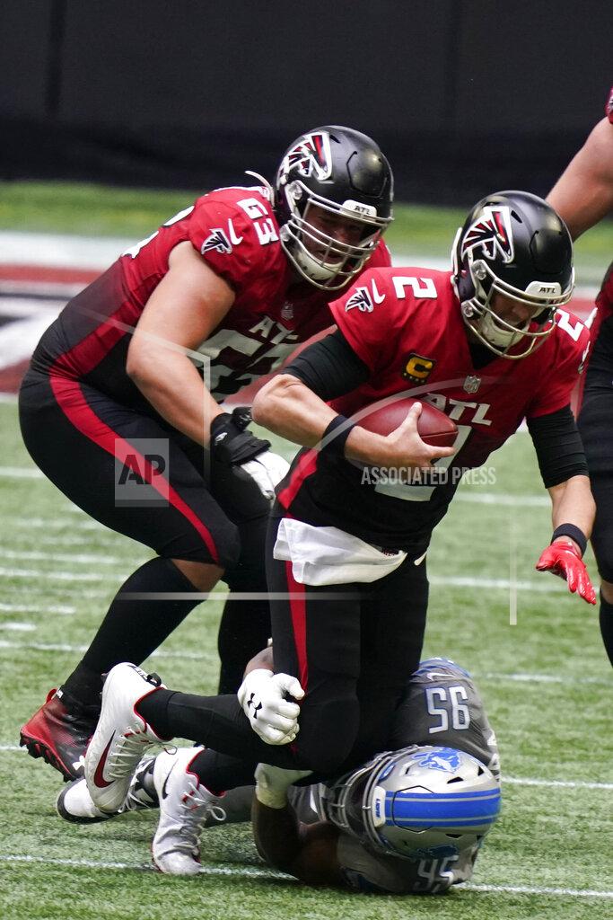 Brynn Anderson Detroit Lions defensive end Romeo Okwara (95) sacks Atlanta Falcons quarterback Matt Ryan (2) during the second half of an NFL football game, Sunday, Oct. 25, 2020, in Atlanta. (AP Photo/Brynn Anderson)