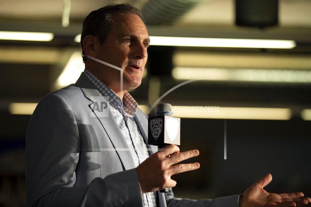D. Ross Cameron Commissioner Larry Scott speaks during the Pac-12 NCAA college basketball media day, in San Francisco, Tuesday, Oct. 8, 2019. (AP Photo/D. Ross Cameron)