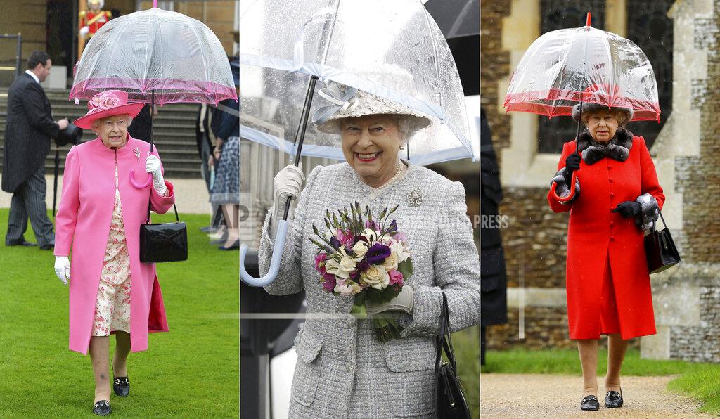 Uncredited This combination of photos shows Britain's Queen Elizabeth II under an umbrella at a garden party at Buckingham Palace in London, on May 10, 2016, left, during her visit to the 'Wild London' exhibition in Richmond, west London on May 15, 2012, center, and leaving the British royal family's traditional Christmas Day church service at St. Mary Magdalene Church in Sandringham, England on Dec. 25, 2015. (AP Photo)