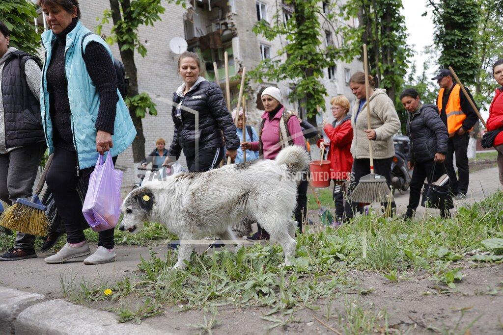 Uncredited Women walk to clean streets in Volnovakha, in territory under the government of the Donetsk People's Republic, eastern Ukraine, Monday, May 23, 2022. (AP Photo)