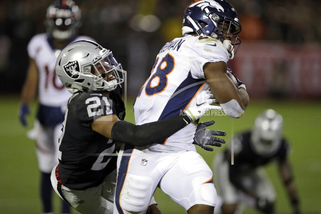 Ben Margot Denver Broncos running back Royce Freeman runs with the ball past Oakland Raiders cornerback Gareon Conley (21) during the second half of an NFL football game Monday, Sept. 9, 2019, in Oakland, Calif. (AP Photo/Ben Margot)