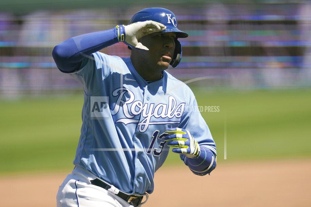 Orlin Wagner Kansas City Royals Salvador Perez gestures while rounding the bases during the third inning of a baseball game against the Los Angeles Angels at Kauffman Stadium in Kansas City, Mo., Wednesday, April 14, 2021. Perez hit a solo home run off Los Angeles Angels starting pitcher Griffin Canning. (AP Photo/Orlin Wagner)