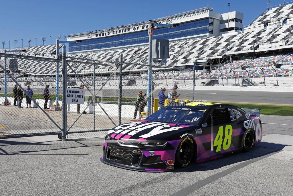 Terry Renna Jimmie Johnson (48) returns to the garages after a NASCAR auto race practice at Daytona International Speedway, Saturday, Feb. 8, 2020, in Daytona Beach, Fla. (AP Photo/Terry Renna)