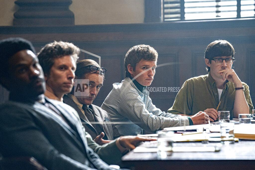 Niko Tavernise This image released by Netflix shows , from left, Yahya Abdul-Mateen, Ben Shenkman, Mark Rylance, Eddie Redmayne and Alex Sharp in a scene from "The Trial of the Chicago 7." (Niko Tavernise/Netflix via AP)