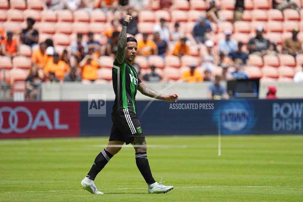 David J. Phillip Austin FC's Sebastián Driussi celebrates after scoring a goal against the Houston Dynamo during the second half of a MLS soccer match Saturday, April 30, 2022, in Houston. Austin FC won 2-1. (AP Photo/David J. Phillip)