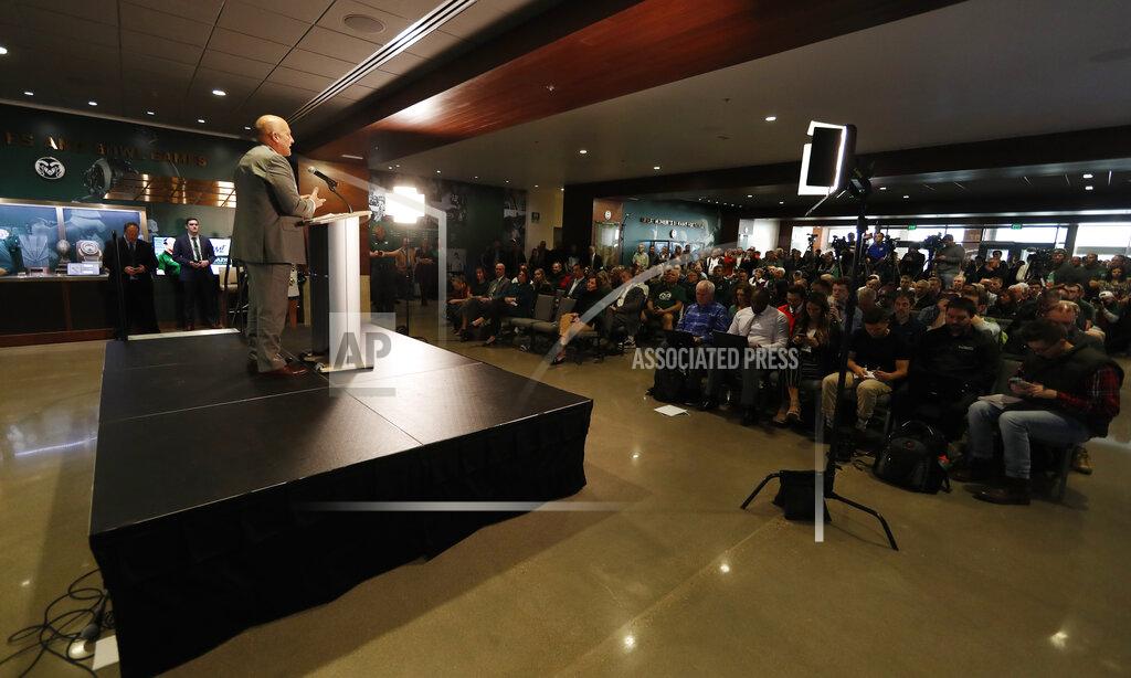 David Zalubowski Steve Addazio addresses the crowd after an announcement that he has been hired as the new head football coach at Colorado State University at a news conference at the school Thursday, Dec. 12, 2019, in Fort Collins, Colo. (AP Photo/David Zalubowski)