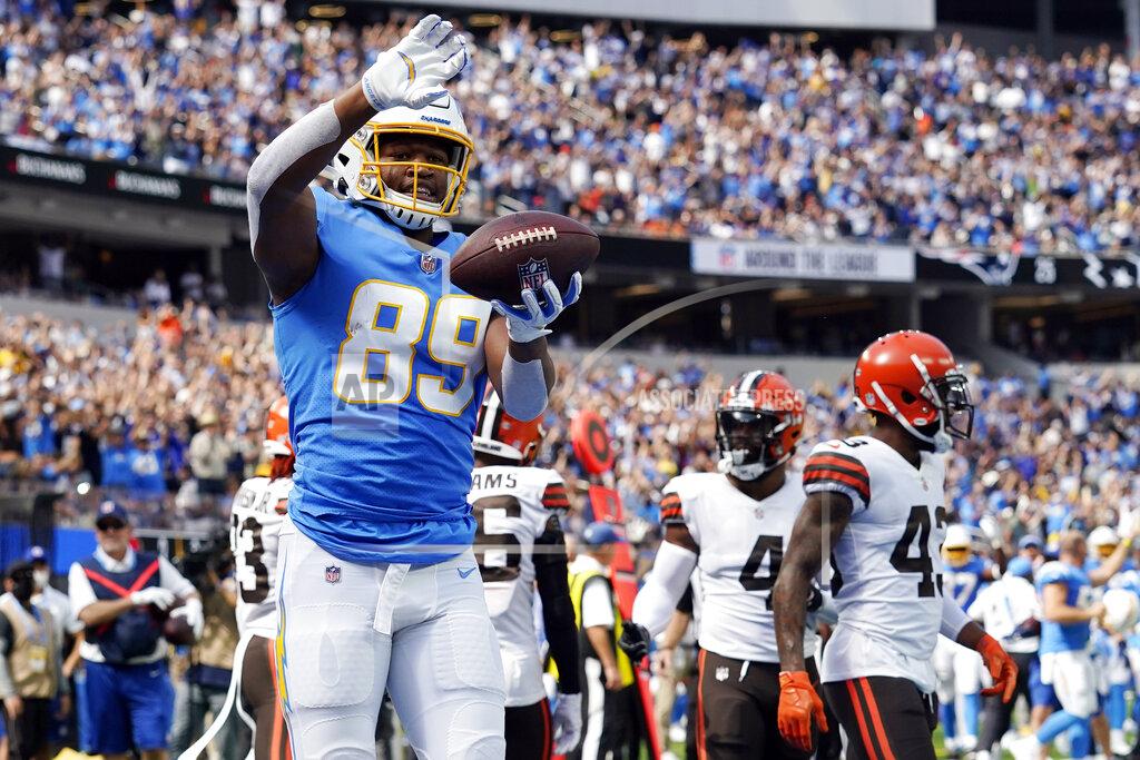 Gregory Bull Los Angeles Chargers tight end Donald Parham (89) celebrates his touchdown catch in the end zone during the first half of an NFL football game against the Cleveland Browns Sunday, Oct. 10, 2021, in Inglewood, Calif. (AP Photo/Gregory Bull)