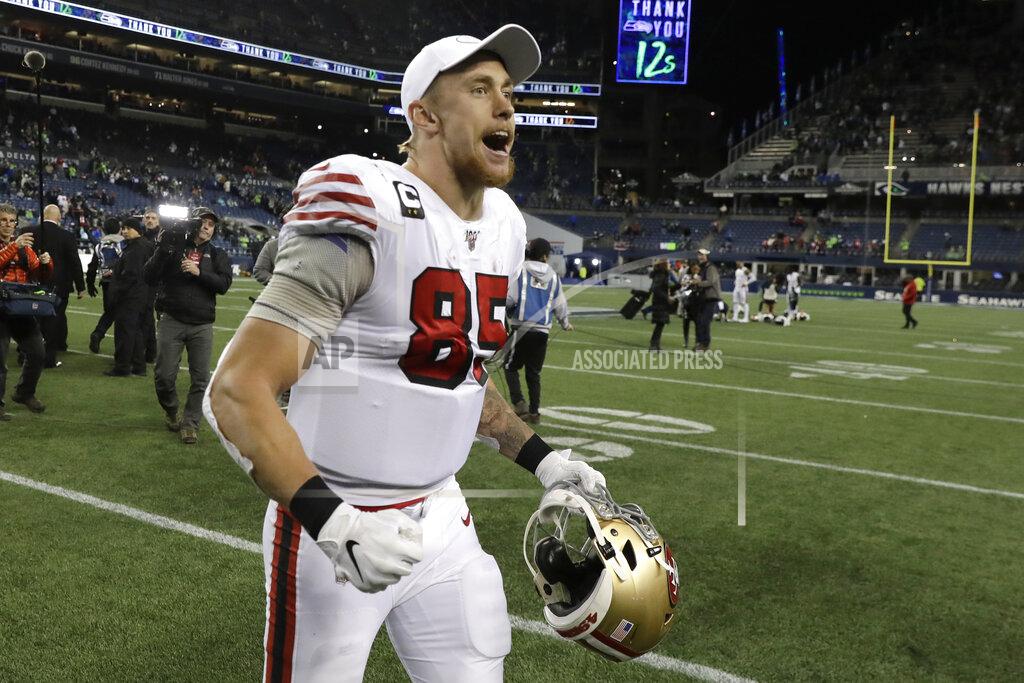Ted S. Warren San Francisco 49ers tight end George Kittle celebrates after the 49ers beat the Seattle Seahawks 26-21 in an NFL football game, Sunday, Dec. 29, 2019, in Seattle. (AP Photo/Ted S. Warren)