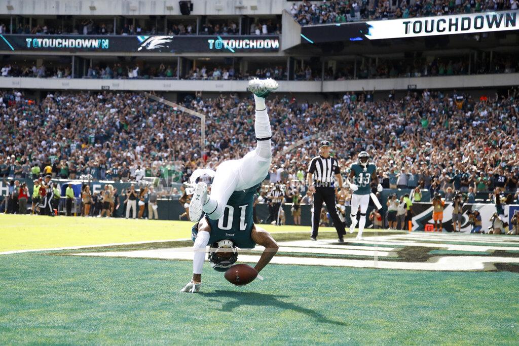 Matt Rourke Philadelphia Eagles' DeSean Jackson celebrates after scoring a touchdown during the second half of an NFL football game against the Washington Redskins, Sunday, Sept. 8, 2019, in Philadelphia. (AP Photo/Matt Rourke)