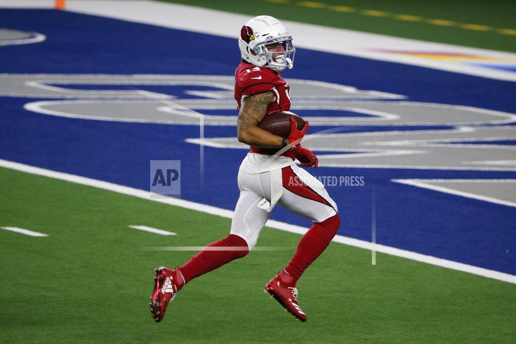 Michael Ainsworth Arizona Cardinals wide receiver Christian Kirk (13) sprints to the end zone uncontested for a touchdown after catching a long pass in the first half of an NFL football game against the Dallas Cowboys in Arlington, Texas, Monday, Oct. 19, 2020. (AP Photo/Michael Ainsworth)