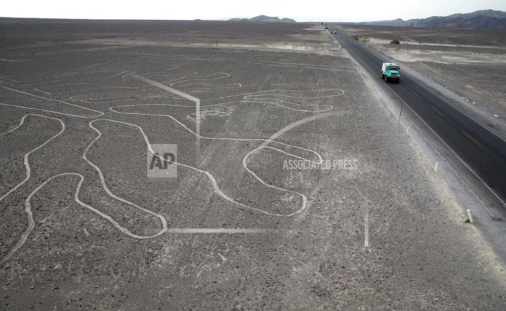 Ricardo Mazalan Driver Gerard De Rooy, of Netherlands, and co-drivers Darek Rodewald, of Poland, and Moises Torrallardona, of Spain, drive their Iveco truck along the Nazca Lines geoglyphs in Nazca, Peru, after finishing second in the second stage of the Dakar Rally between Pisco and San Juan de Marcona, Tuesday, Jan. 8, 2019. (AP Photo/Ricardo Mazalan)