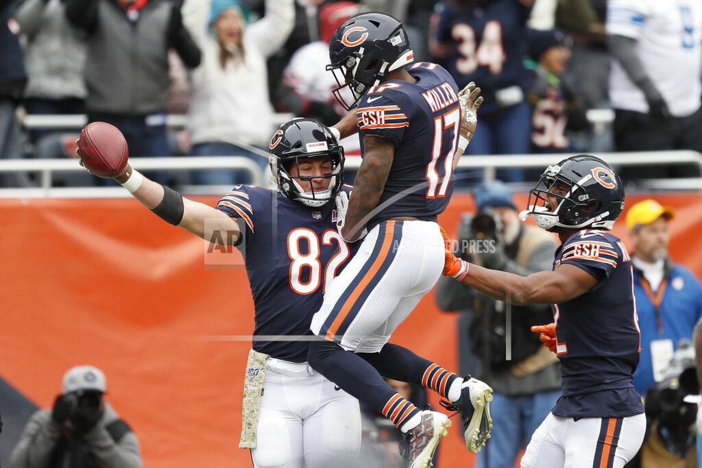 Charlie Neibergall Chicago Bears tight end Ben Braunecker (82) celebrates his 18-yard touchdown reception with Anthony Miller (17) against the Detroit Lions during the first half of an NFL football game in Chicago, Sunday, Nov. 10, 2019. (AP Photo/Charlie Neibergall)