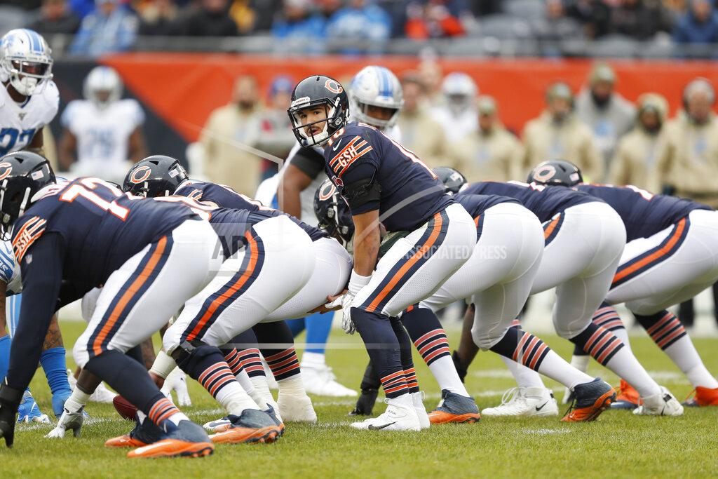 Charlie Neibergall FILE - In this Nov. 10, 2019, file photo, Chicago Bears quarterback Mitchell Trubisky calls out at the line of scrimmage during the first half of the team's NFL football game against the Detroit Lions in Chicago. With the draft approaching, the Bears need better blocking to protect the quarterback and create holes for the running backs. (AP Photo/Charlie Neibergall, File)